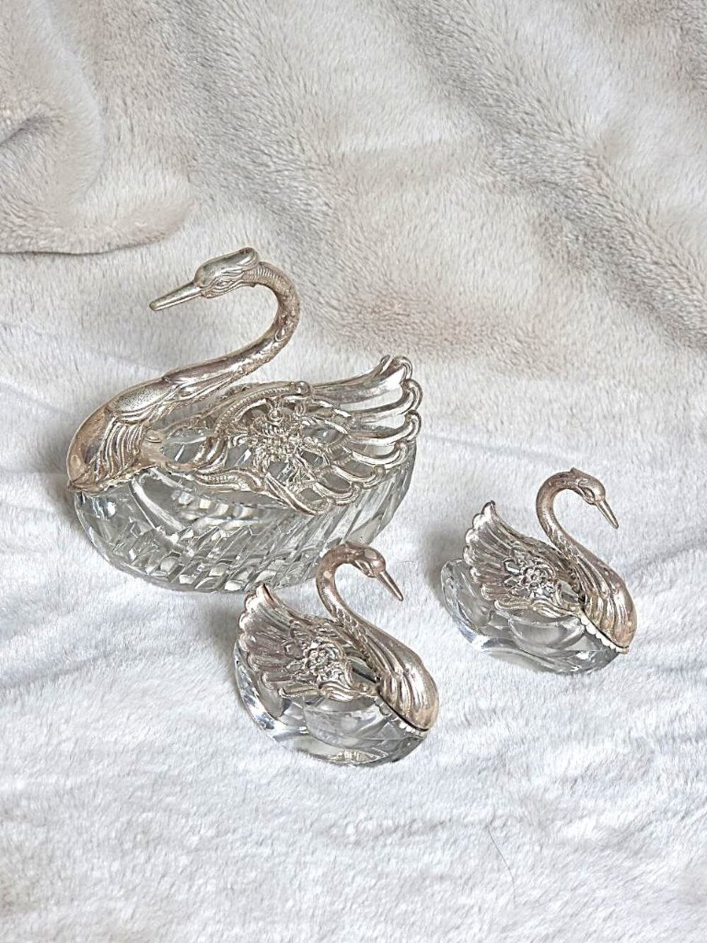 Vintage German Sterling Silver & Crystal Swan Master Salt Cellar Set of 3 - #F